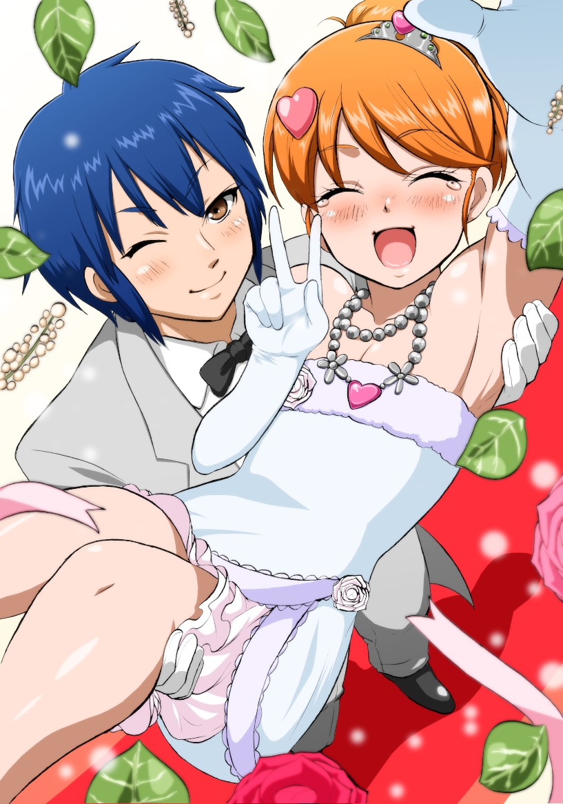 1boy, 1girl, amamiya_rizumu, blue_hair, blush, brown_eyes, carrying, closed_eyes