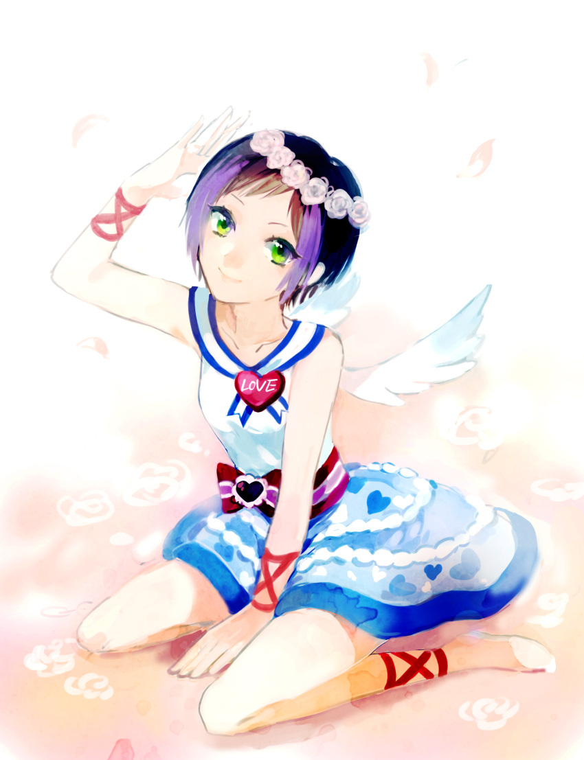 1girl, black_hair, green_eyes, head_wreath, highres, ioko, multicolored_hair, petals