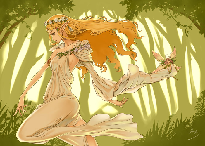 2girls, armlet, bare_shoulders, blonde_hair, blue_eyes, breasts, brown_hair, dress