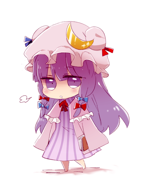 1girl, book, bow, chibi, crescent, hair_bow, hat, long_hair