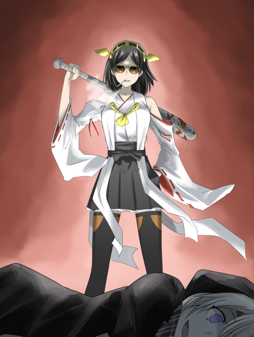 2girls, aviator_glasses, bare_shoulders, baseball_cap, black_legwear, blood, bloody_weapon, cigarette