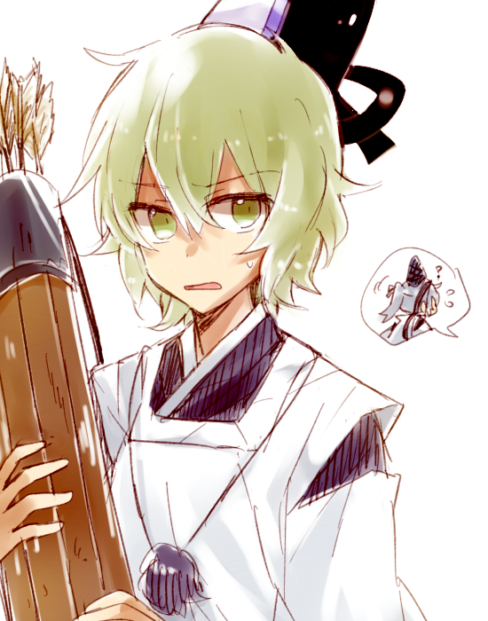 2girls, arrow, green_eyes, green_hair, hat, japanese_clothes, kariginu, mononobe_no_futo