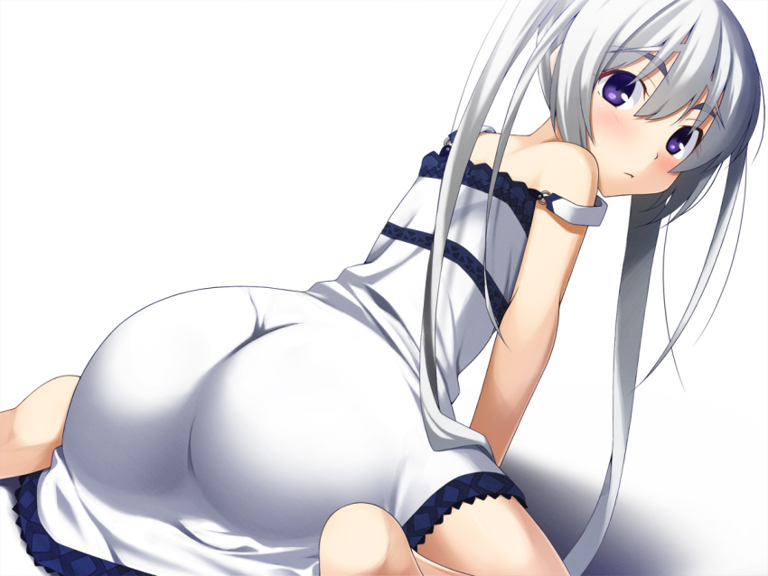 1girl, ass, barefoot, blush, chaika_trabant, dress, hairband, hitsugi_no_chaika