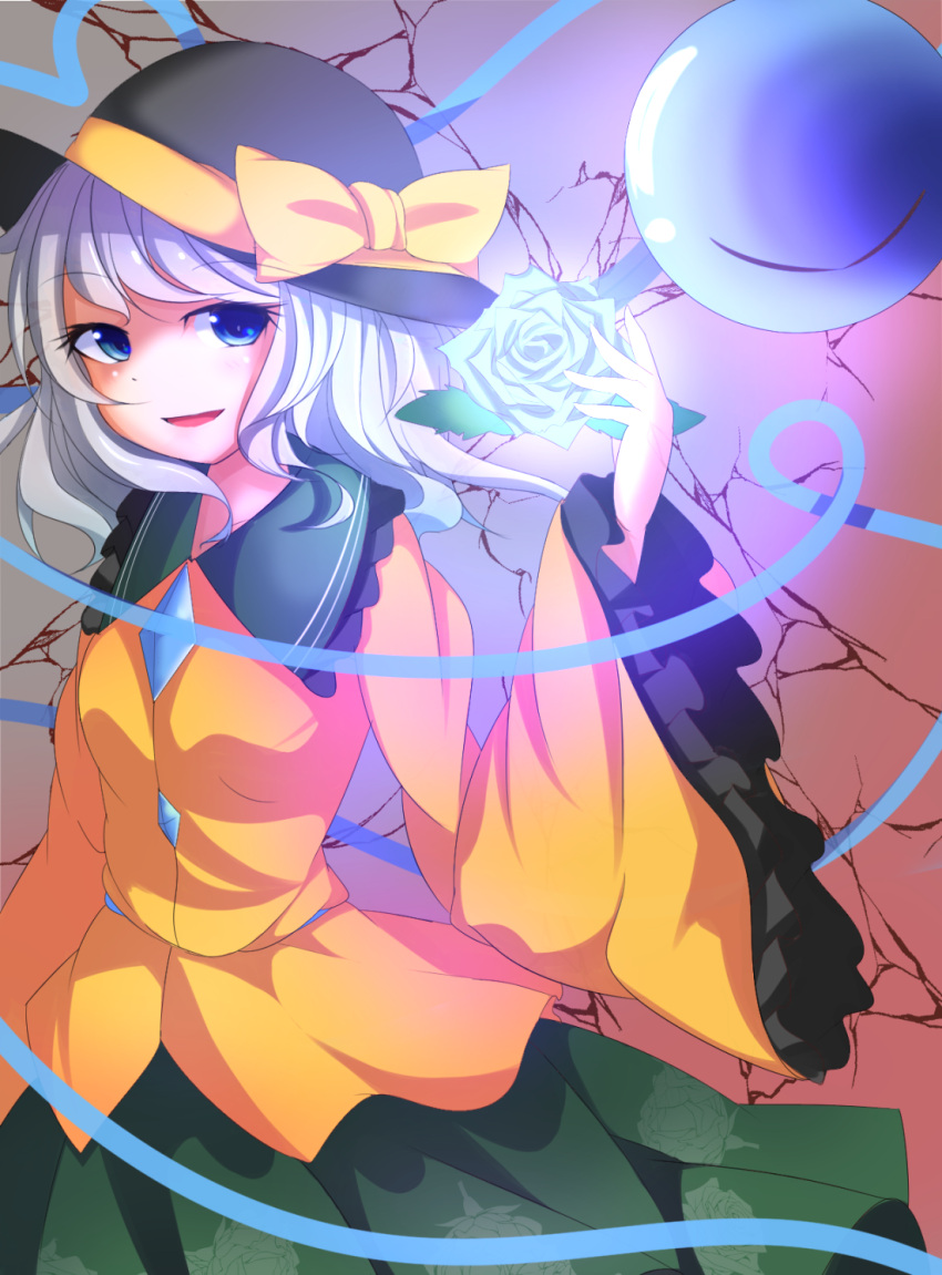 1girl, arm_up, blue_eyes, blue_rose, bow, flower, frilled_sleeves, frills