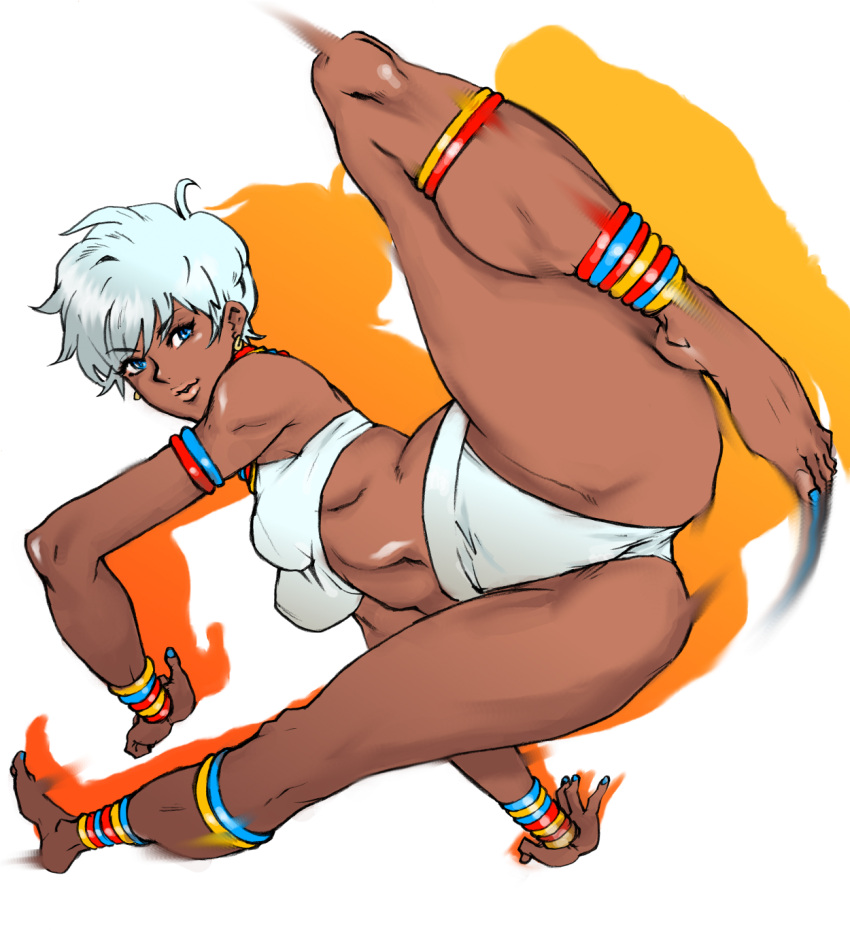 1girl, anklet, armlet, barefoot, bikini, blue_eyes, blue_nails, bracelet, breasts, capoeira, dark_skin, earrings, elena, handstand, highres, jewelry, kicking, kyura_(kyura9een), lips, midriff, motion_blur, nail_polish, navel, neck_ring, short_hair, silver_hair, solo, street_fighter, swimsuit, thighs, toenail_polish, white_bikini, white_swimsuit