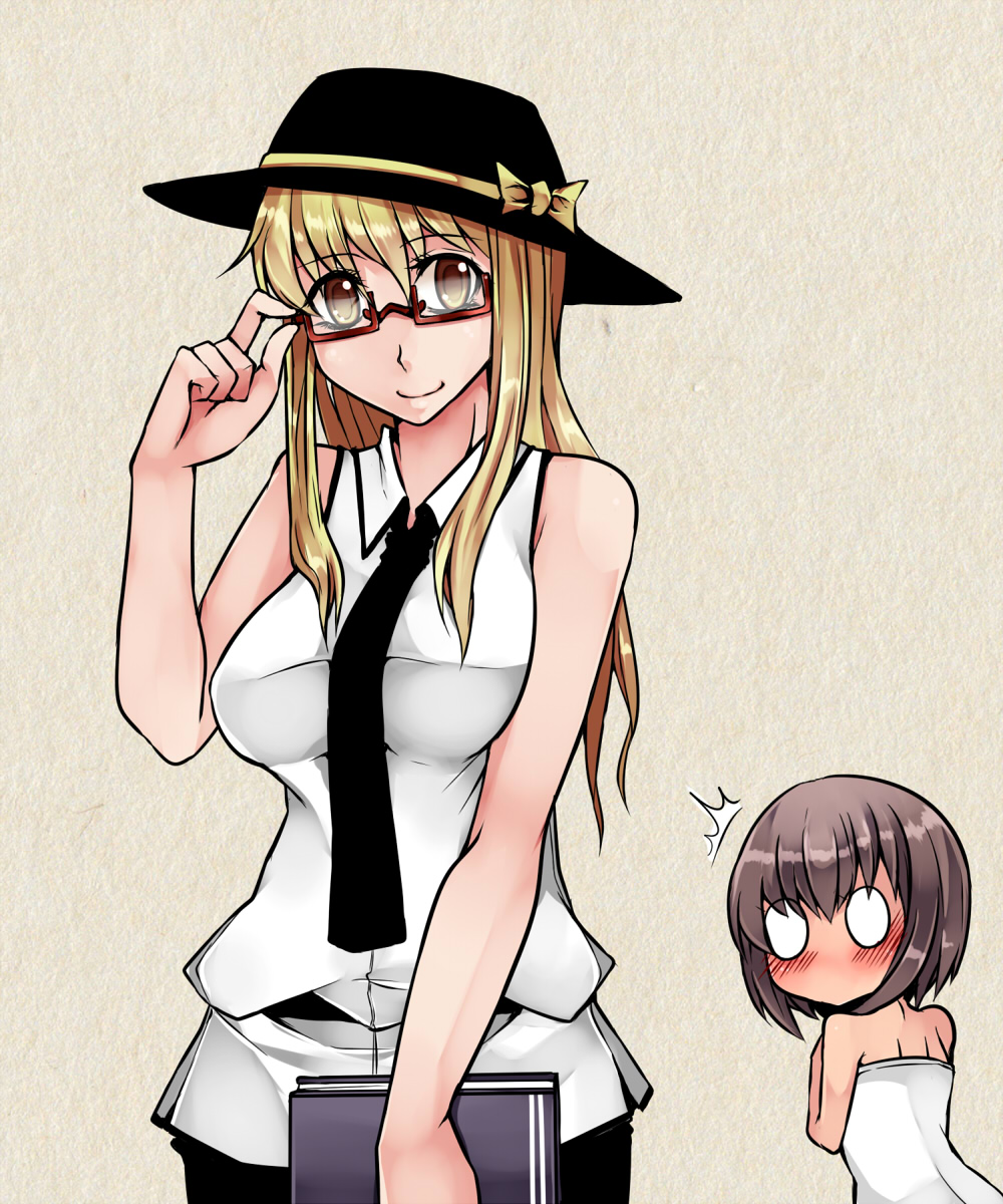 2girls, adjusting_glasses, aoshima, bare_arms, bare_shoulders, bespectacled, blonde_hair, blush