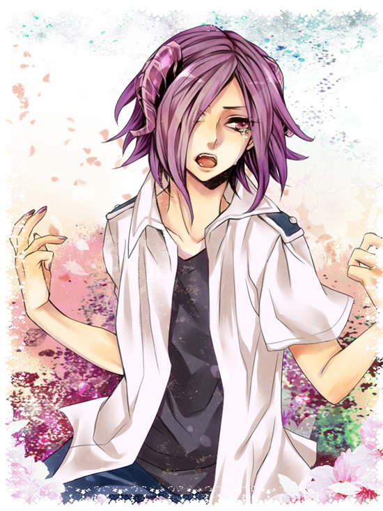 :o, androgynous, fingernails, horn, momogumi_plus_senki, ouchi_kikyou, purple_hair, sano0822