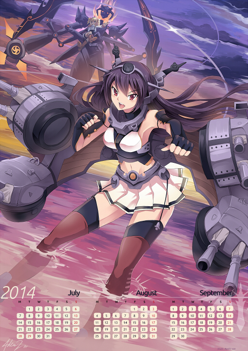 2girls, bare_shoulders, black_hair, blonde_hair, blue_eyes, breasts, calendar, dairenji_suzuka