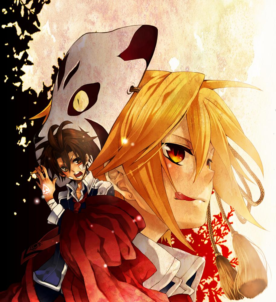 2boys, :q, bandages, blonde_hair, brown_eyes, brown_hair, kouenji_sawa, kurisuno_(276963)