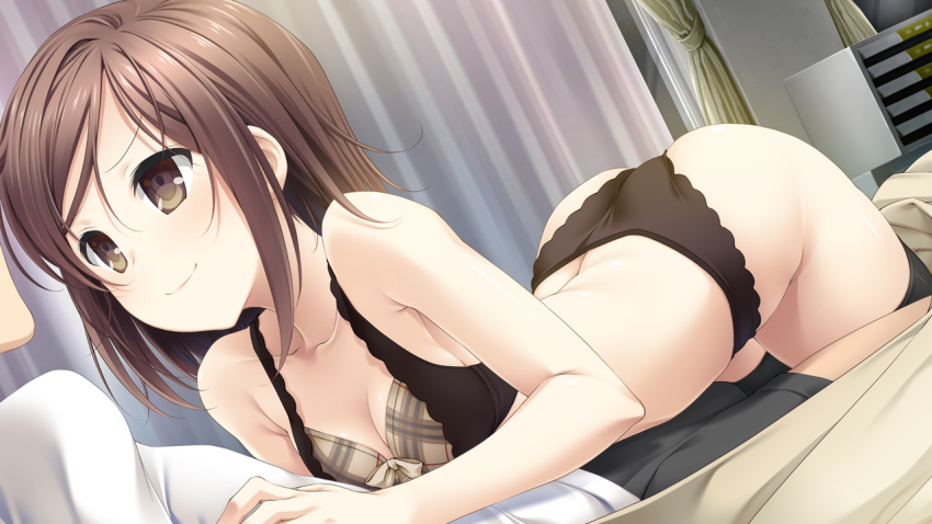 1boy, 1girl, asama_makoto, ass, bare_shoulders, bed, black_legwear, black_panties
