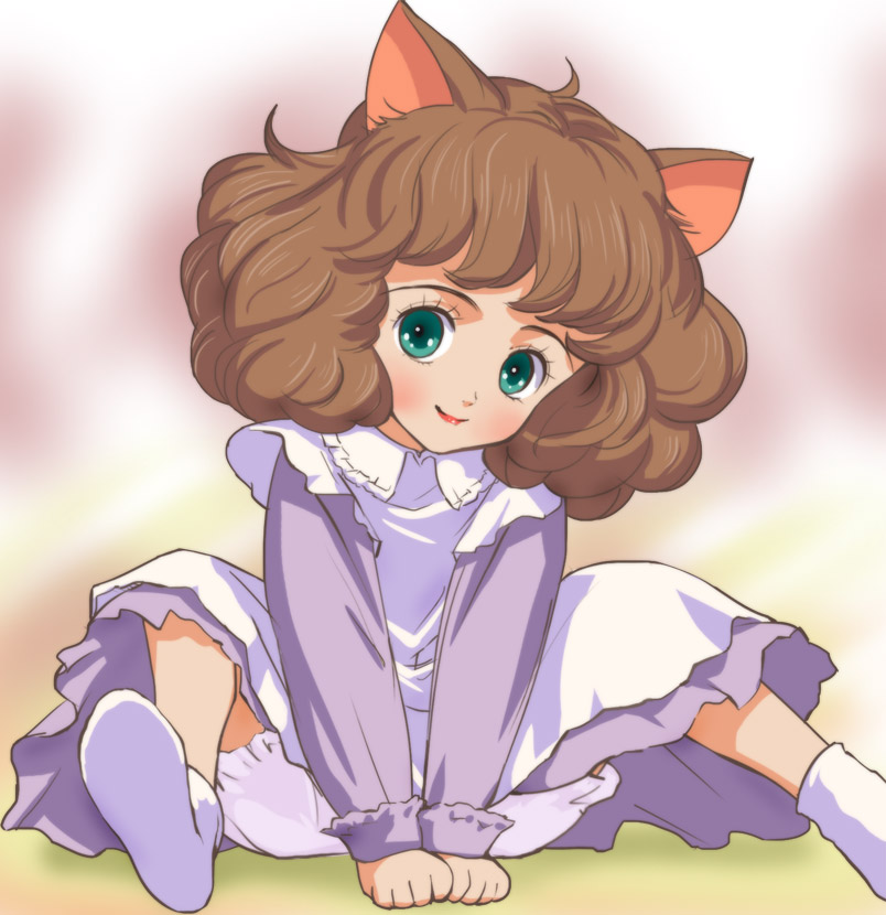1girl, animal_ears, blush, brown_hair, cat_ears, chibi_neko, green_eyes, haruyama_kazunori, lips, short_hair, smile, socks, solo, spread_legs, wata_no_kunihoshi