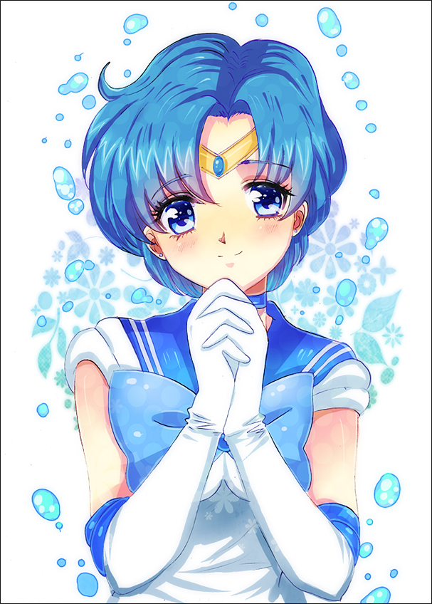 1girl, bangs, bishoujo_senshi_sailor_moon, blue_eyes, blue_hair, blush, bubble, circlet, elbow_gloves, gloves, hands_clasped, looking_at_viewer, mizuno_ami, nyamunekonabe, parted_bangs, sailor_collar, sailor_mercury, short_hair, smile, solo