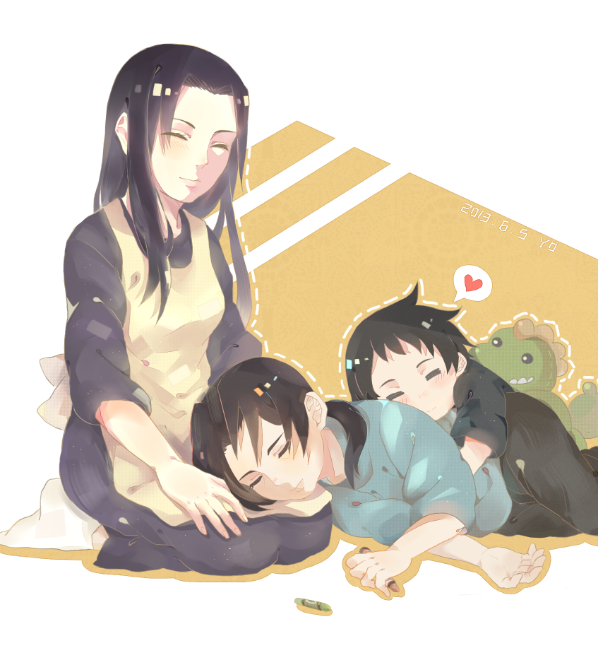 apron, black_hair, blush, brothers, child, closed_eyes, crayon, dated