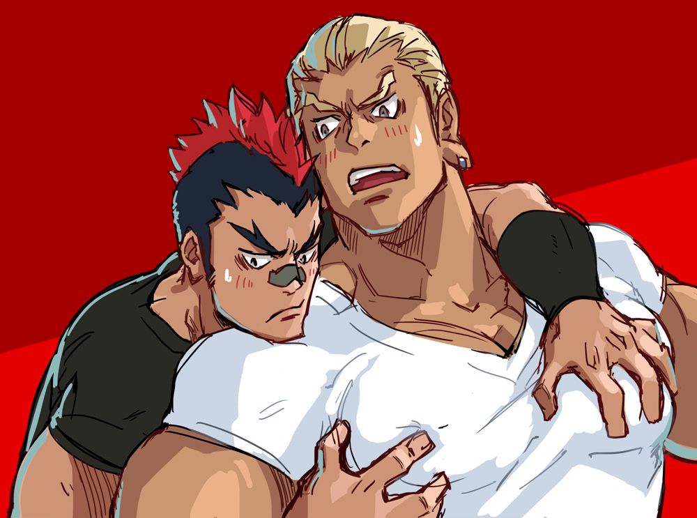 2boys, 329, bandaid, bandaid_on_nose, bara, black_hair, blonde_hair, blush