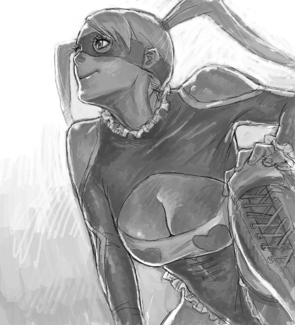 cleavage_cutout, hand_on_knee, heart, kneeling, leotard, mana30row, mask, monochrome