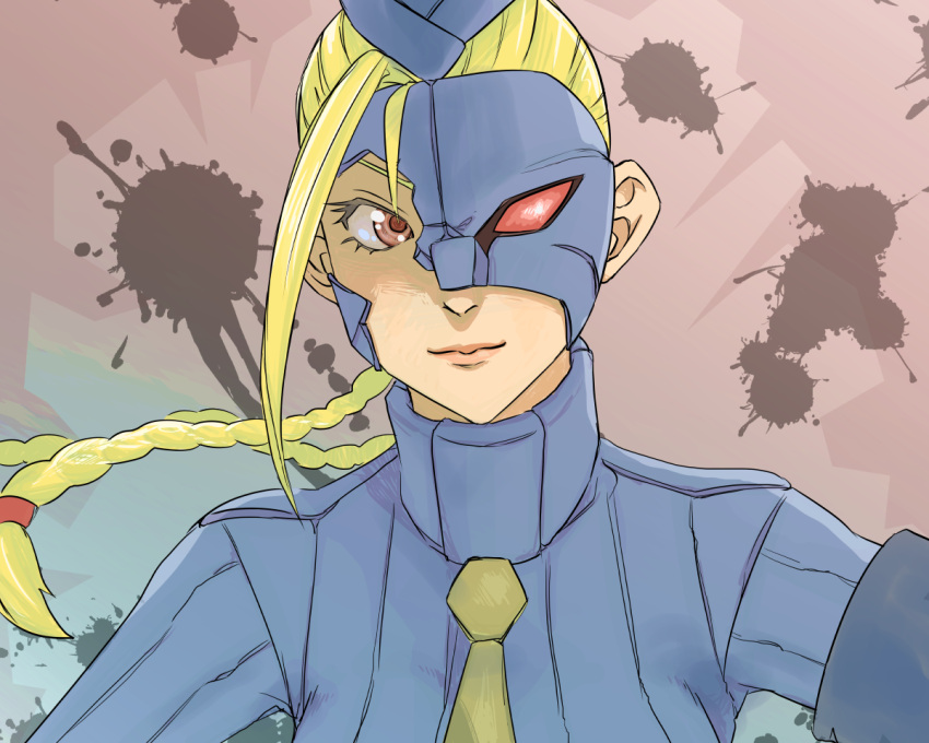 1girl, ahoge, blonde_hair, blush, braid, broken, decapre, dongol, garrison_cap, hat, huge_ahoge, leotard, light_smile, long_hair, mask, necktie, one_eye_covered, red_eyes, ribbed_leotard, solo, street_fighter, twin_braids, ultra_street_fighter_iv
