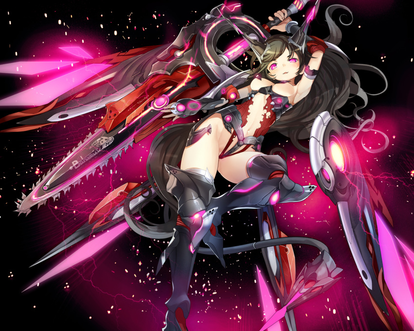 1girl, armpits, breasts, brown_hair, chainsaw, long_hair, midriff, original