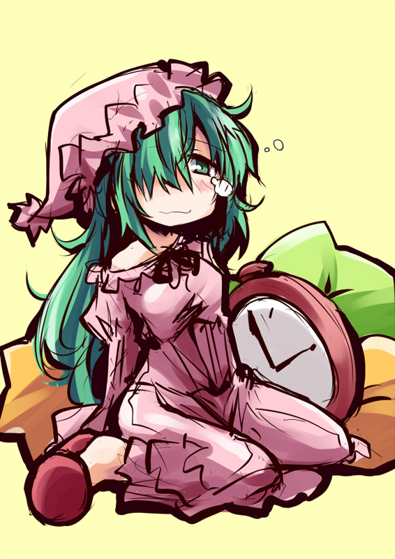 1girl, :3, akatsuki_(kantai_collection), aqua_hair, blush, clock, hair_over_one_eye, hat