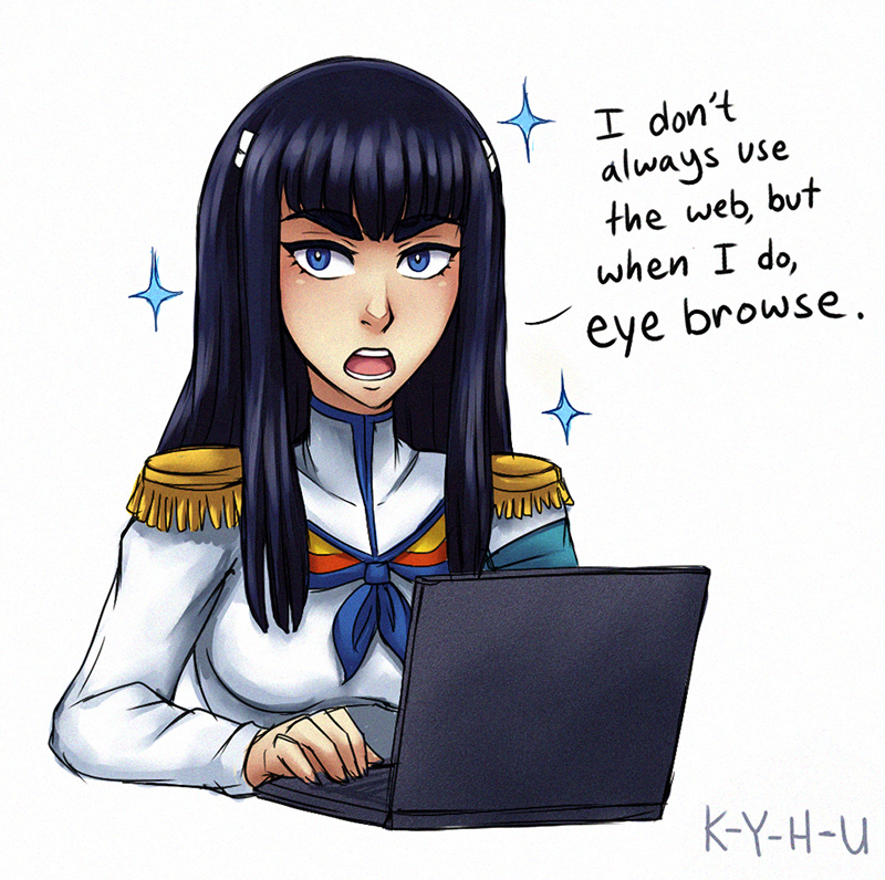 1girl, black_hair, blue_eyes, commentary, computer, epaulettes, eyebrows, hair_ornament