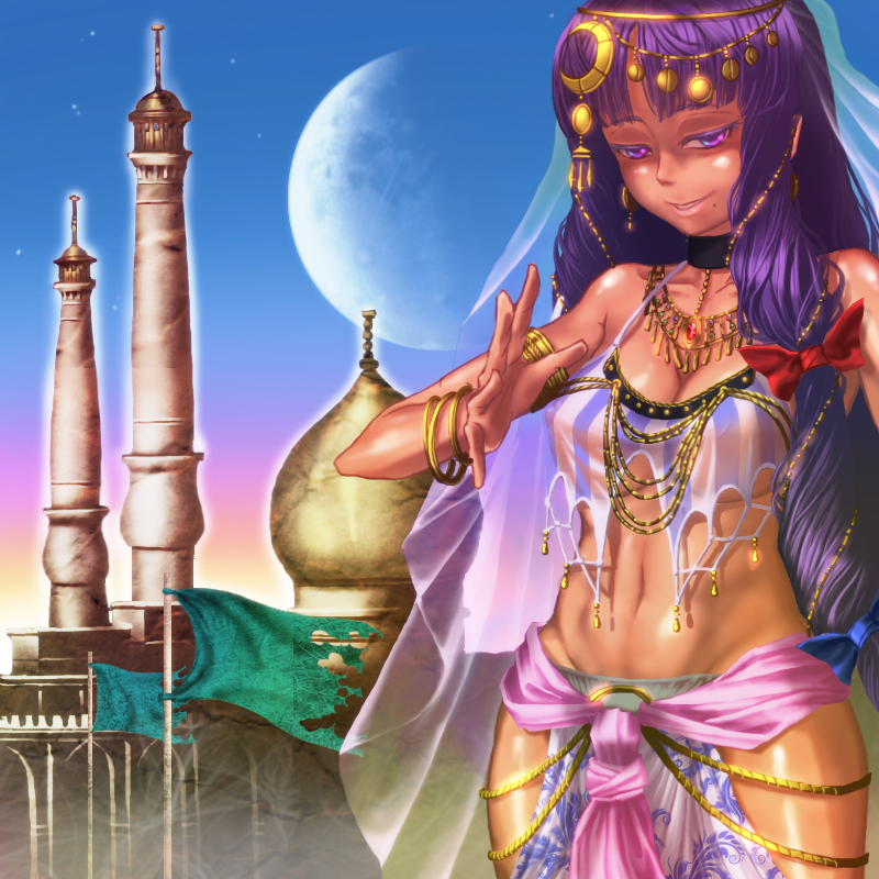 1girl, alternate_costume, arabian_architecture, arabian_clothes, architecture, armlet, bandeau, baraizo, bow, bracelet, breasts, cleavage, collarbone, colored_eyelashes, crescent_hair_ornament, crescent_moon, dark_skin, dusk, earrings, evil_grin, evil_smile, flag, front-tie_top, glowing, glowing_eyes, gothic, grin, hair_bow, hair_ornament, jewelry, long_hair, looking_at_viewer, midriff, mole, moon, navel, no_hat, patchouli_knowledge, purple_hair, smile, solo, star_(sky), touhou, veil, very_long_hair, violet_eyes