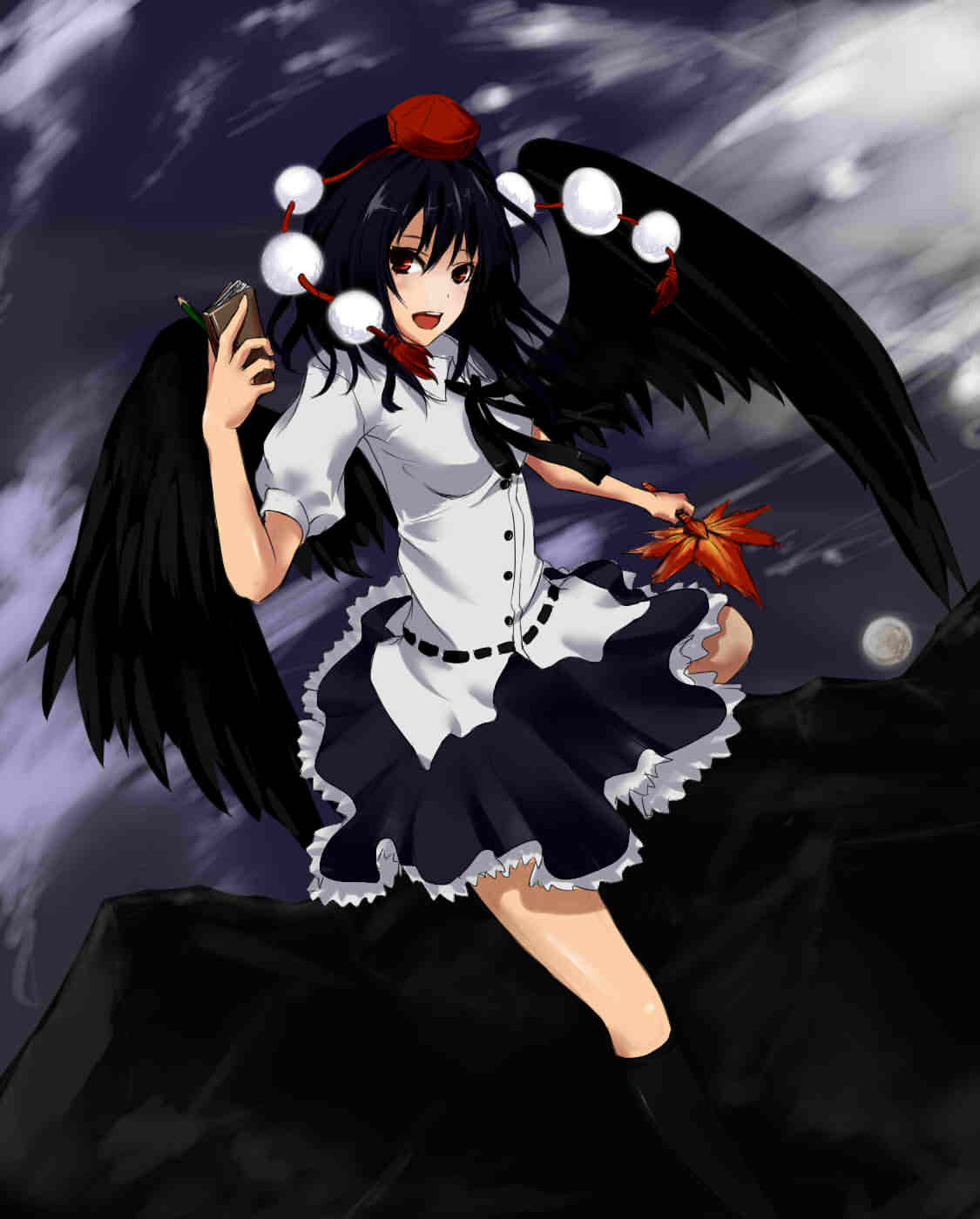 1girl, bird_wings, black_hair, black_legwear, blouse, clouds, fan, flying, folded_leg, full_moon, hat, highres, kneehighs, looking_at_viewer, moon, mountain, notebook, open_mouth, pencil, pom_pom_(clothes), puffy_short_sleeves, puffy_sleeves, red_eyes, ribbon, shameimaru_aya, short_hair, short_sleeves, skirt, solo, sumiko_(aomorinojunko), tokin_hat, touhou