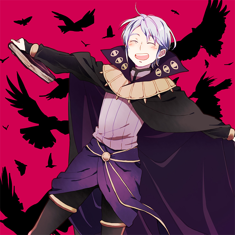 1boy, ^_^, bird, book, bridal_gauntlets, cape, closed_eyes, crow