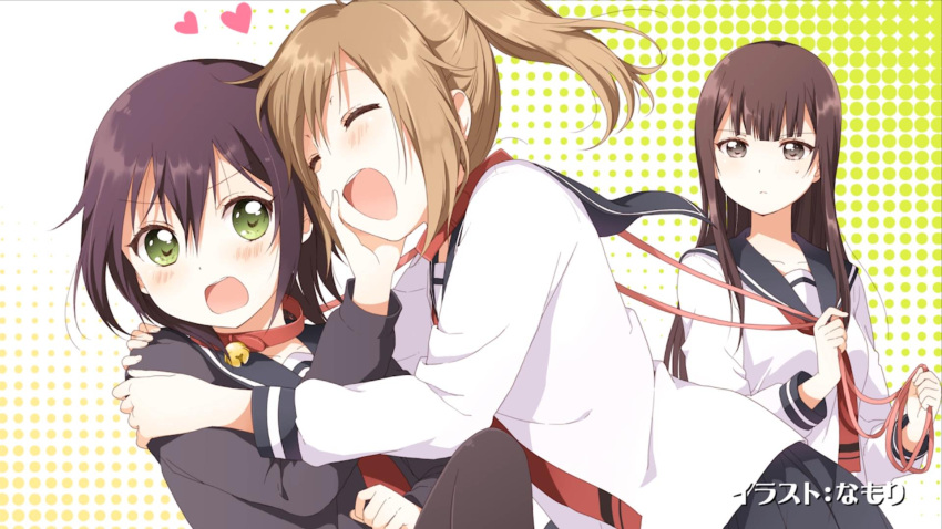 3girls, artist_name, bell, black_hair, blush, brown_eyes, brown_hair, closed_eyes, collar, collarbone, eyecatch, frown, green_eyes, hand_on_another's_face, hand_on_another's_shoulder, heart, highres, hiiragi_aki_(inugami-san_to_nekoyama-san), holding, hug, inugami-san_to_nekoyama-san, inugami_yachiyo, leash, long_hair, long_sleeves, looking_at_another, multiple_girls, namori, nekoyama_suzu, open_mouth, ponytail, screencap, sweatdrop