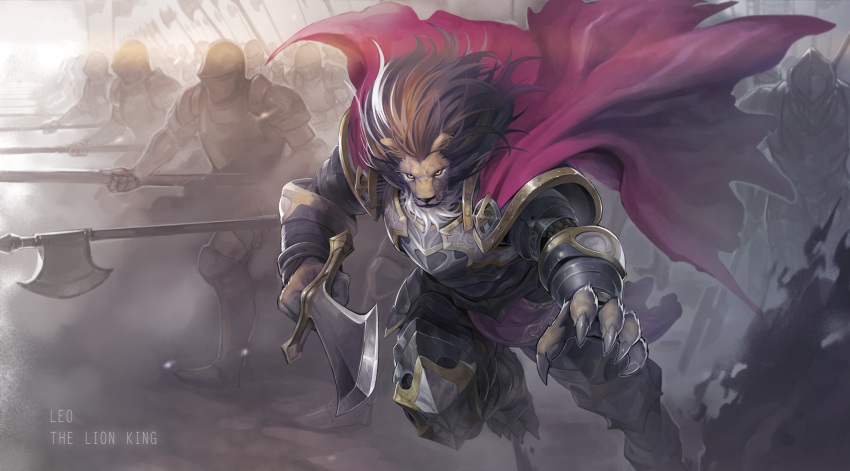 armor, army, battle, cape, character_name, claws, dust, flag