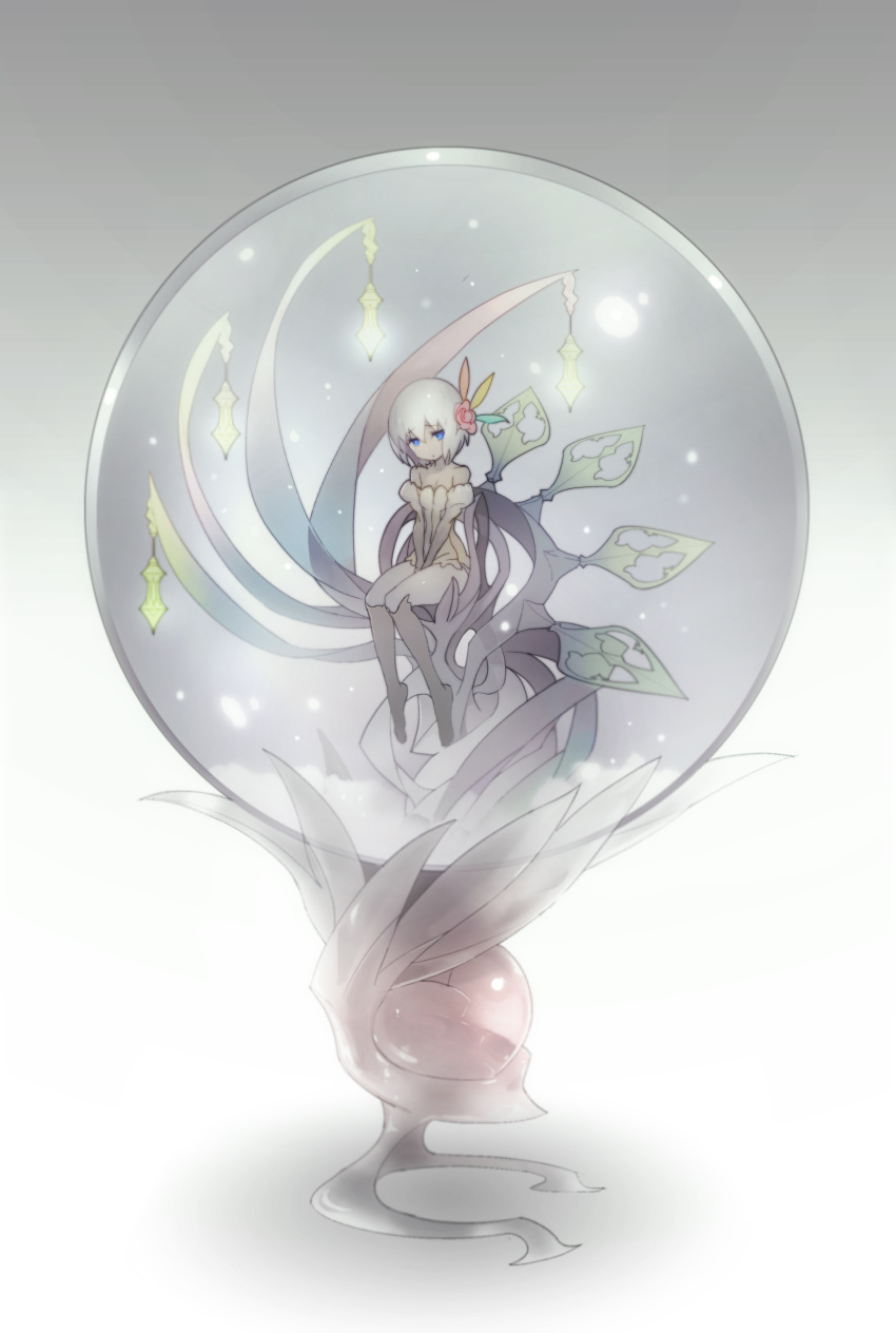 1girl, absurdres, between_legs, blue_eyes, chair, dress, flower, glowing, hair_flower, hair_ornament, hand_between_legs, heart, highres, ladic, lantern, original, short_hair, sitting, snow, snowglobe, solo, strapless_dress, tears, thighs, white_hair