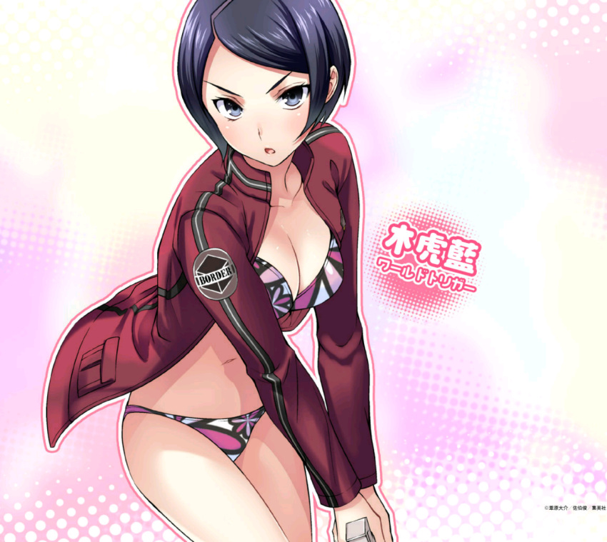 1girl, bikini, black_hair, blue_eyes, blush, breasts, gun, handgun