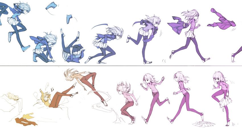 1girl, absurdres, bed, closed_eyes, color_cycling, feet, highres, jacket, jumping, ladic, leaping, legs, long_hair, lying, messy_hair, musical_note, on_back, on_bed, open_clothes, open_jacket, original, pleated_skirt, pomf, rolling, running, sequential, shoes, skirt, sleeping, undressing