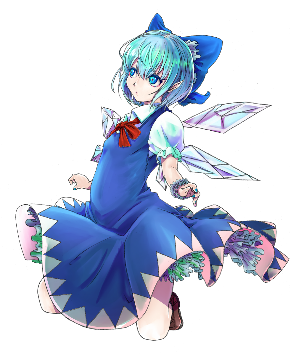 cirno, flower_bracelet, hayase_kento, nail_polish, pointy_ears, solo, touhou, white_background