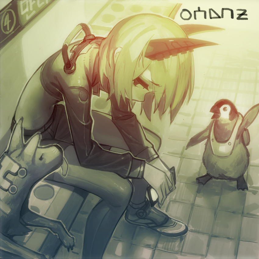 1girl, bench, bird, cropped_jacket, dog, from_side, highres, horns