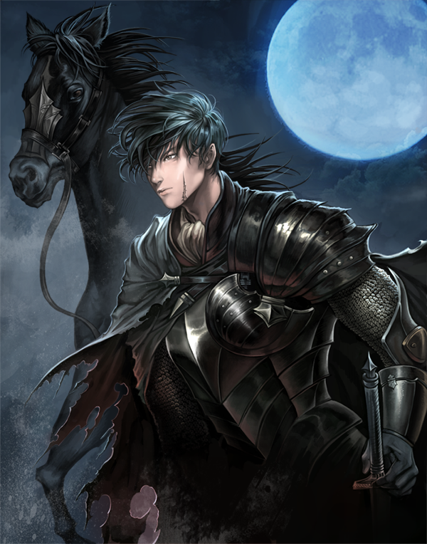 1boy, armor, black_hair, brown_eyes, cape, horse, long_hair, moon