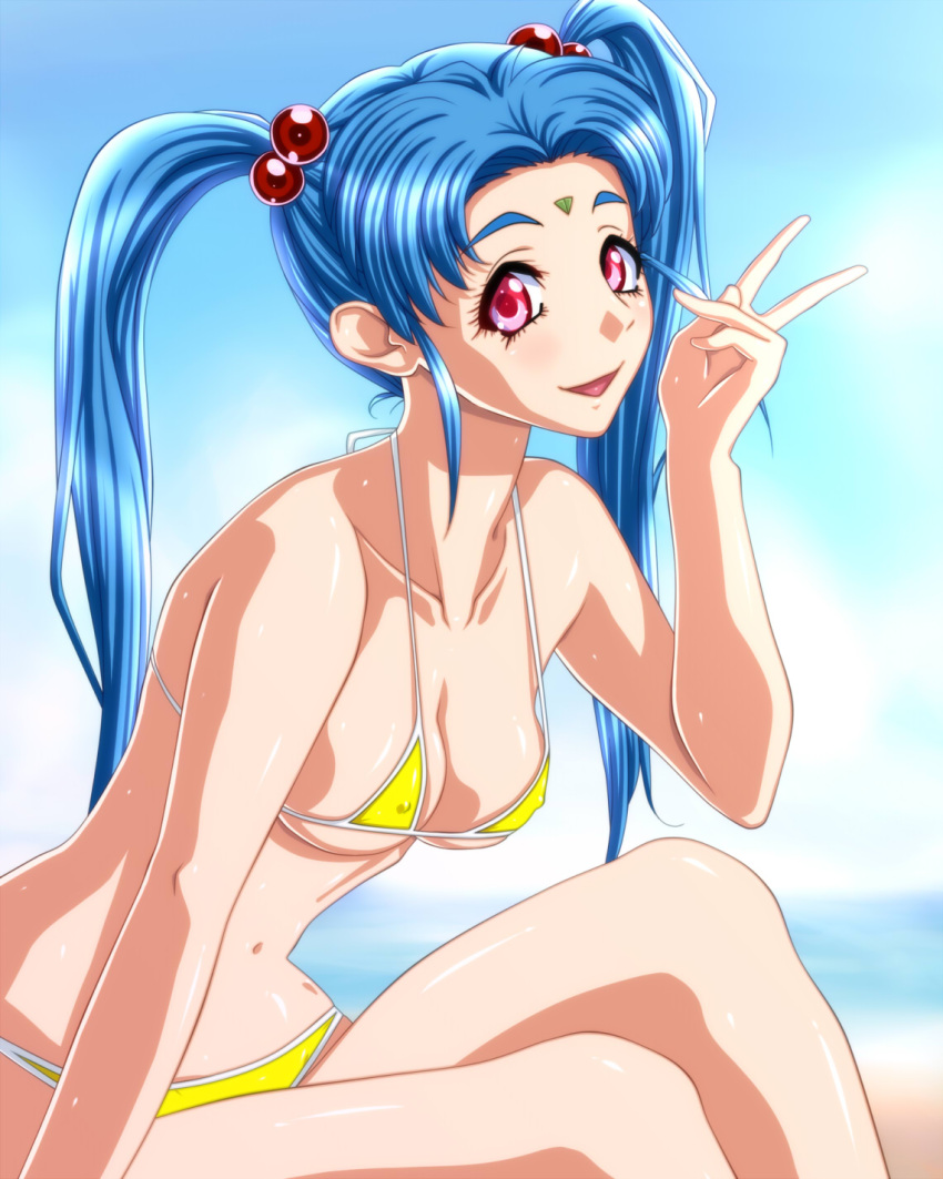 1girl, 286c, bikini, blue_hair, breasts, cleavage, collarbone, facial_mark, forehead_mark, hair_bobbles, hair_ornament, highres, long_hair, looking_at_viewer, masaki_sasami_jurai, midriff, navel, open_mouth, pink_eyes, sitting, solo, string_bikini, swimsuit, tenchi_muyou!, tenchi_muyou!_gxp, twintails, under_boob, v, yellow_bikini
