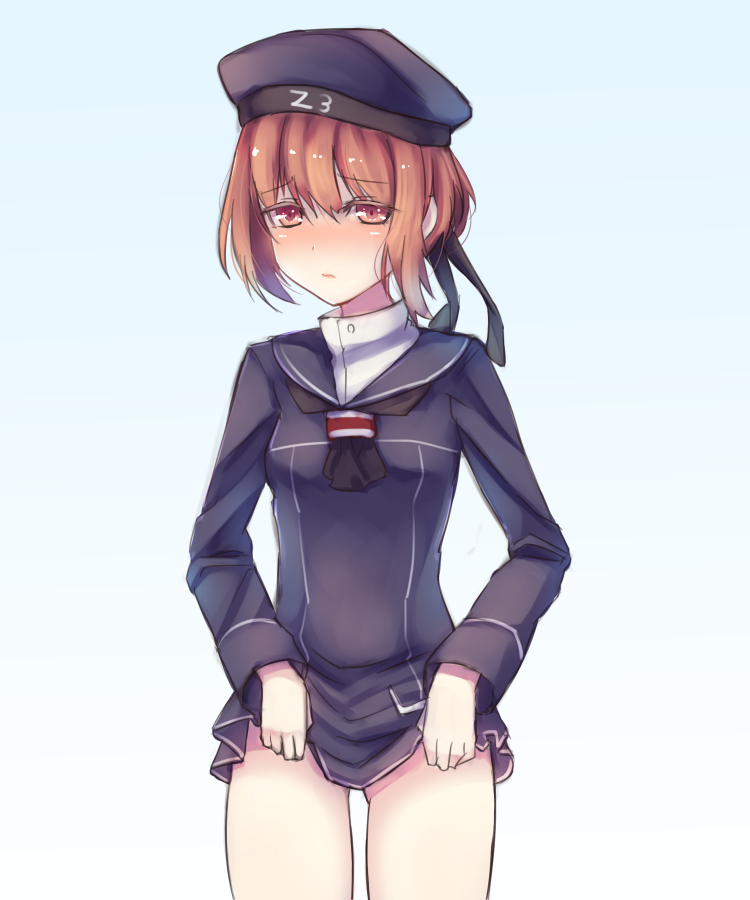 1girl, beret, brown_eyes, brown_hair, embarrassed, hat, kantai_collection, lasts