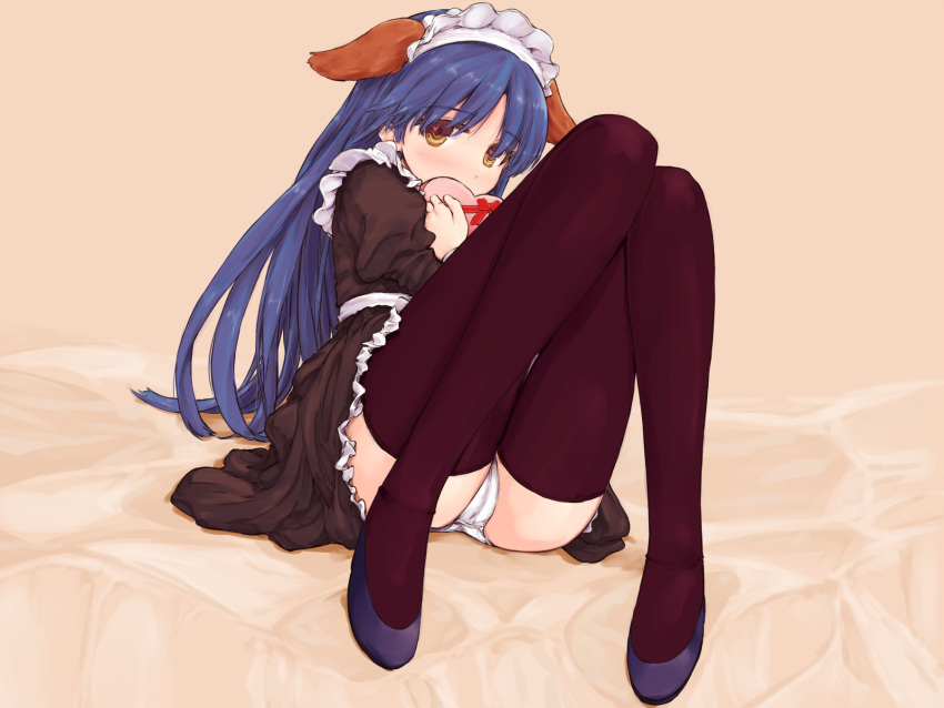 1girl, animal_ears, asterisk_(artist), blue_hair, dog_ears, heart, highres, idolmaster, kisaragi_chihaya, long_hair, looking_at_viewer, maid, maid_headdress, panties, ribbon, solo, thigh-highs, underwear, yellow_eyes