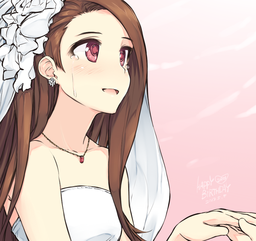 1girl, asterisk_(artist), blush, brown_hair, dress, earrings, happy_tears, idolmaster