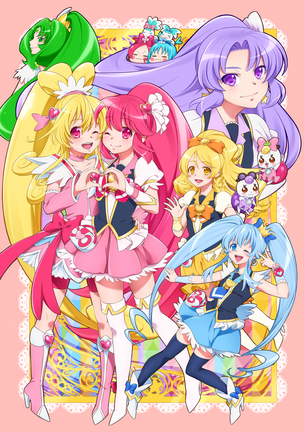 0417nao, 6+girls, ;d, aida_mana, aino_megumi, black_legwear, blonde_hair, blue_eyes