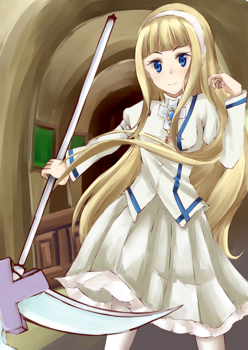 absurdres, anya_hepburn, blonde_hair, blue_eyes, halberd, harudori_tsugumi, harudori_tsugumi_(weapon), headband