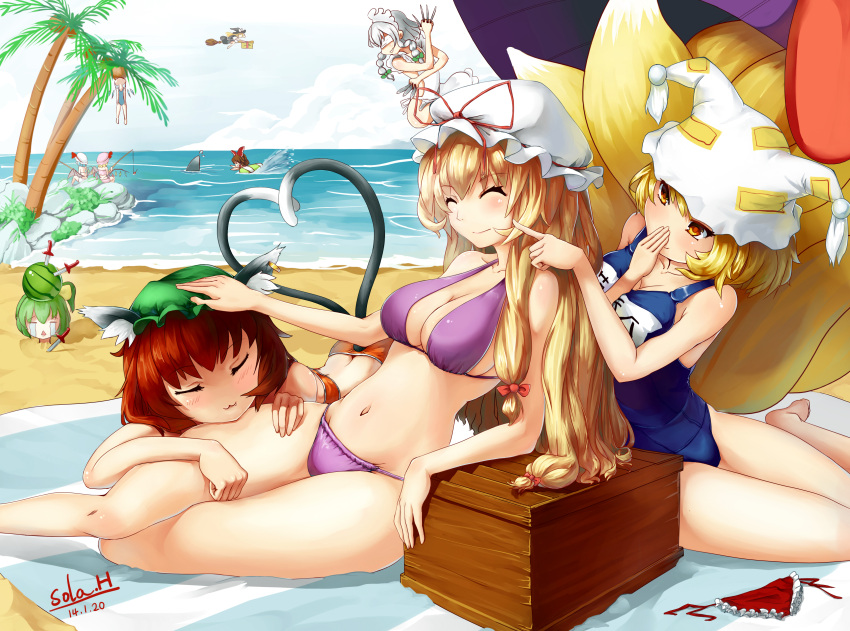 6+girls, absurdres, animal_ears, apron, barefoot, beach, beach_towel, bikini, black_dress, blindfold, blue_hair, blue_swimsuit, box, breasts, broom, broomstick, brown_hair, buried_in_sand, cat_ears, catgirl, cheek_poke, chen, cirno, cleavage, closed_eyes, clouds, coconut, covering_mouth, daiyousei, dated, earring, fang, fishing, fishing_pole, flandre_scarlet, flying, frills, green_hair, green_ribbon, hair_bow, hair_ribbon, hakurei_reimu, hat, head_pat, highres, holding, izayoi_sakuya, kirisame_marisa, knife, long_hair, multiple_girls, multiple_tails, naked_apron, one-piece_swimsuit, orange_eyes, outdoors, palm_tree, purple_bikini, red_ribbon, remilia_scarlet, rocks, shark_fin, short_hair, side_ponytail, signed, silver_hair, sisters, sitting, smile, swimming, swimsuit, tail, tears, touhou, tree, water, watermelon, wings, witch_hat, yakumo_ran, yakumo_yukari, yellow_ribbon