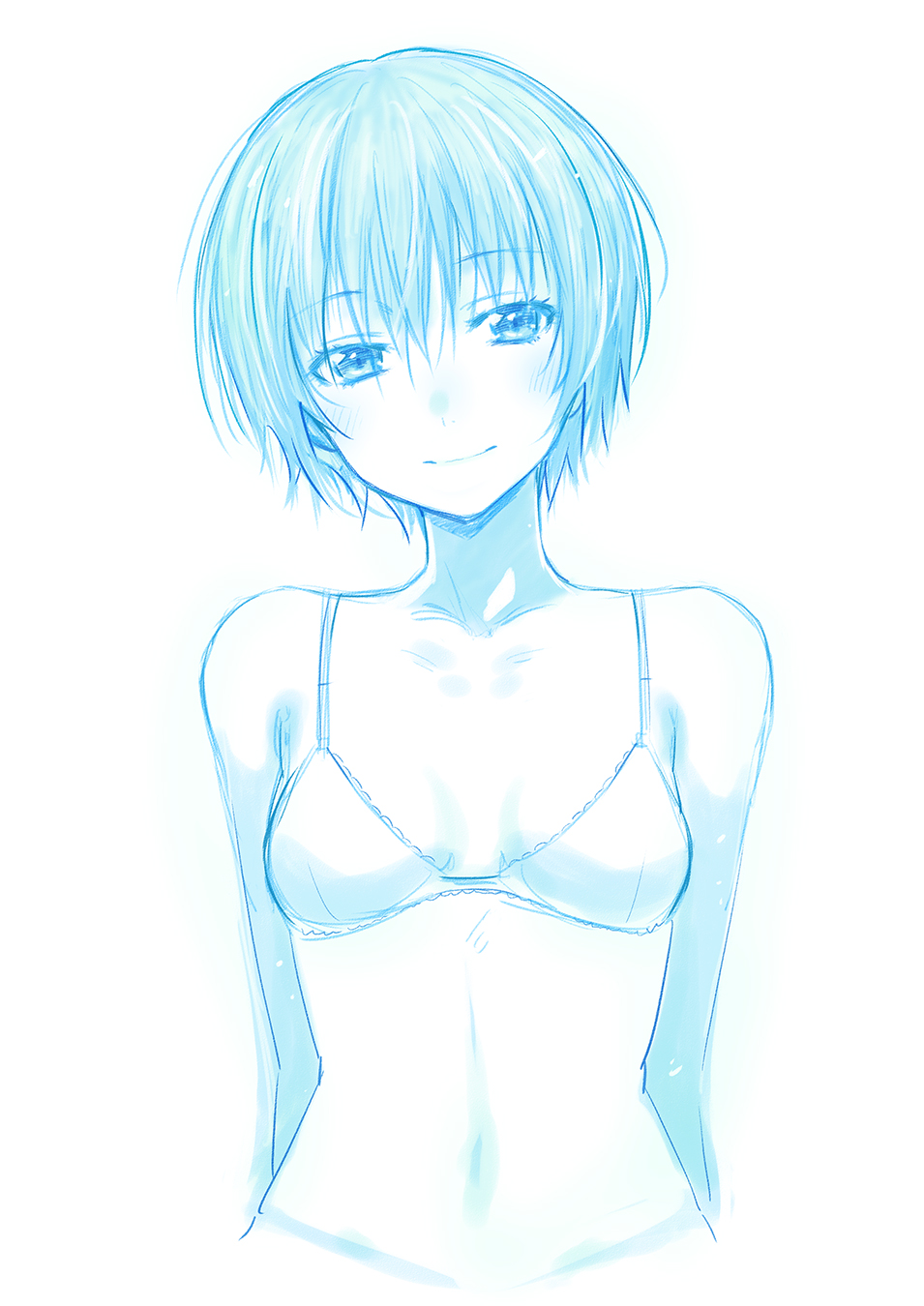 1girl, bare_shoulders, blush, bra, breasts, cleavage, highres, looking_at_viewer, original, rakuga_kitarou, short_hair, sketch, solo, underwear