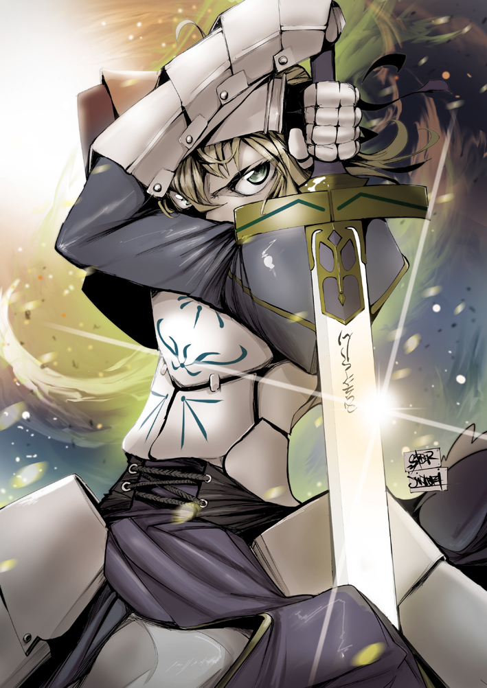 1girl, armor, armored_dress, blonde_hair, dress, excalibur, fate/stay_night, fate_(series)