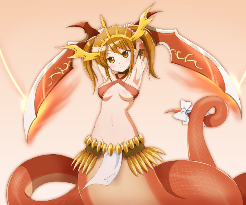 1girl, akabane_iori, armband, blue_eyes, bow, brown_hair, cosplay, echidna_(p&amp;d), echidna_(p&amp;d)_(cosplay), headdress, jewelry, kinfuji, kyou_ami!, lamia, monster_girl, navel, puzzle_&amp;_dragons, smile, sword, twintails, weapon