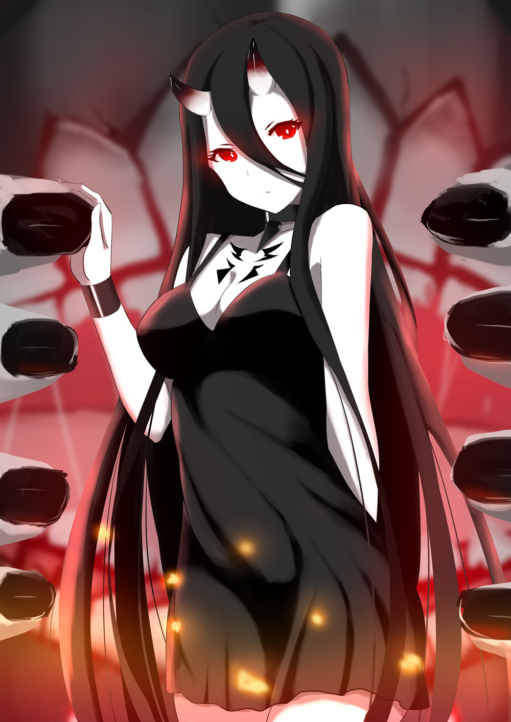 1girl, arm_behind_back, battleship-symbiotic_hime, black_hair, breasts, choker, cleavage, collarbone, cowboy_shot, dress, fingernails, hair_between_eyes, highres, horns, kantai_collection, long_hair, looking_at_viewer, pale_skin, parted_lips, red_eyes, solo_focus, teeth, vblue, very_long_hair, wristband