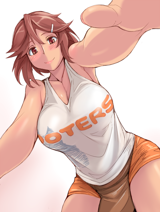 1girl, apron, blush, breasts, brown_eyes, brown_hair, from_below, hair_ornament