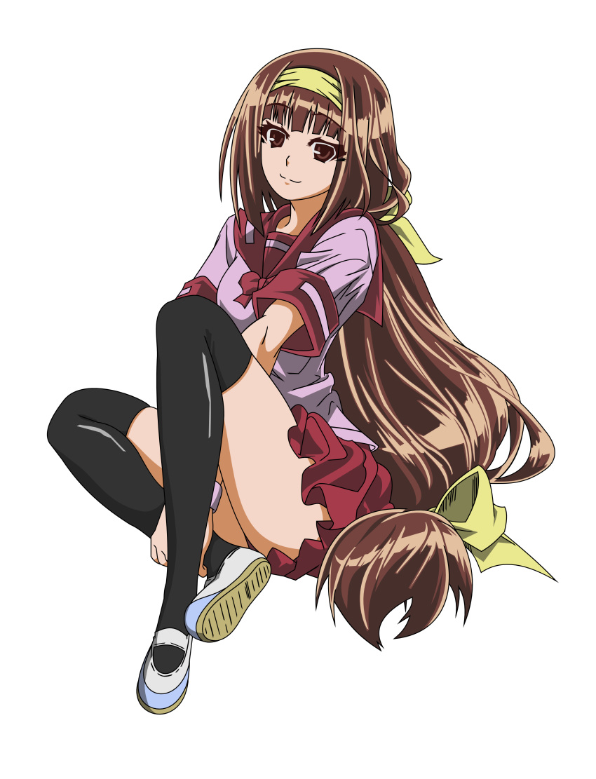 1girl, absurdres, ajimu_najimi, black_legwear, bowtie, brown_eyes, brown_hair, ckmox, full_body, hair_ribbon, hairband, highres, long_hair, medaka_box, pink_skirt, pleated_skirt, ribbon, sailor_collar, school_uniform, serafuku, short_sleeves, sitting, skirt, solo, tagme, thigh-highs, transparent_background, vector_trace, very_long_hair, yellow_ribbon, zettai_ryouiki
