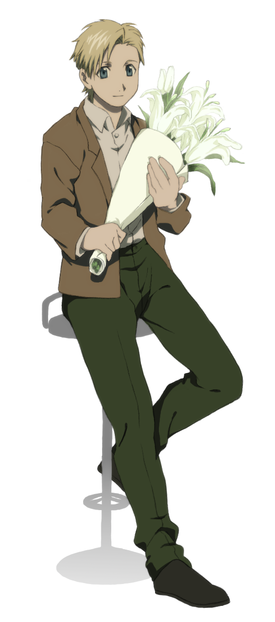 1boy, alphonse_heiderich, bar_stool, bouquet, conqueror_of_shambala, flower, fullmetal_alchemist, highres