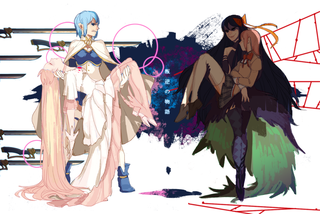 4girls, akemi_homura, akuma_homura, argyle, argyle_legwear, black_hair, blue_hair, bow