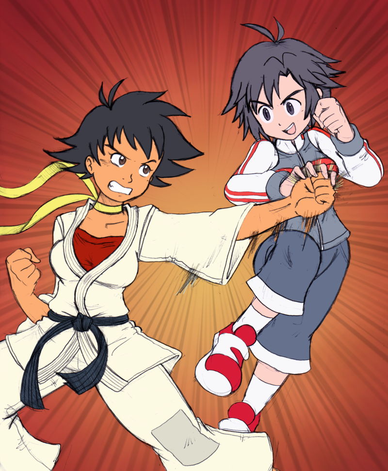 2girls, antenna_hair, battle, black_hair, blocking, crossover, dark_yamatoman, dougi, emphasis_lines, idolmaster, kikuchi_makoto, makoto, multiple_girls, namesake, scarf, shoes, short_hair, sneakers, socks, sports_bra, street_fighter
